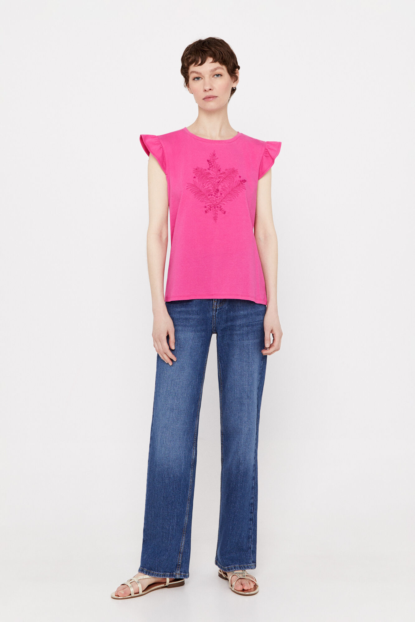 Camiseta com babados bordados - Fúcsia