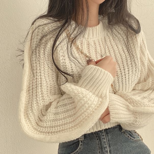 Rosesand - Effen cropped trui met pofmouwen