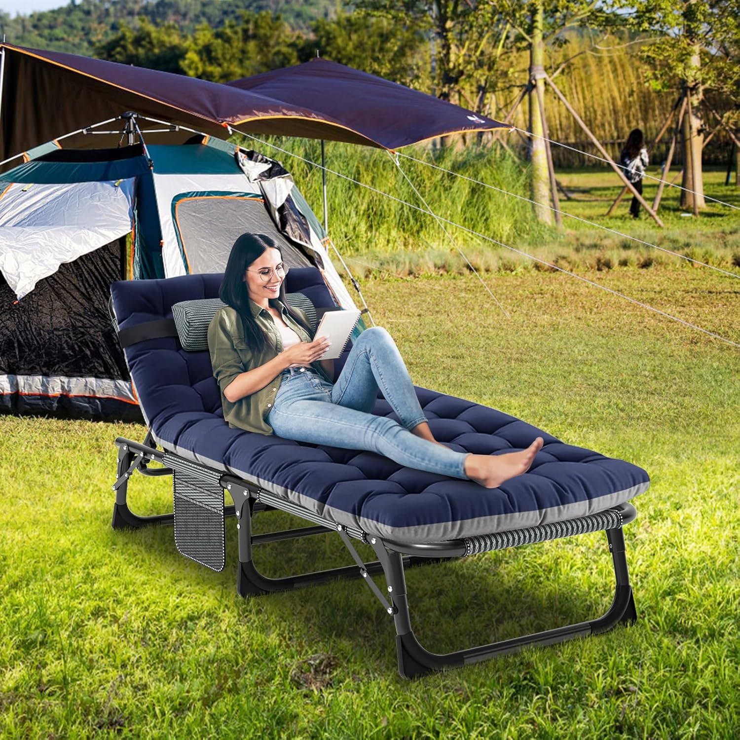 2er Set Klappbar Sonnenliege Gartenliege, 68cm Breite 200kg Loading mit Matratze und Kopfstütze Klappbar Liegestuhl, Geeignet für Balkon, Strande, Garten, Kann als Campingbett und Gästebett