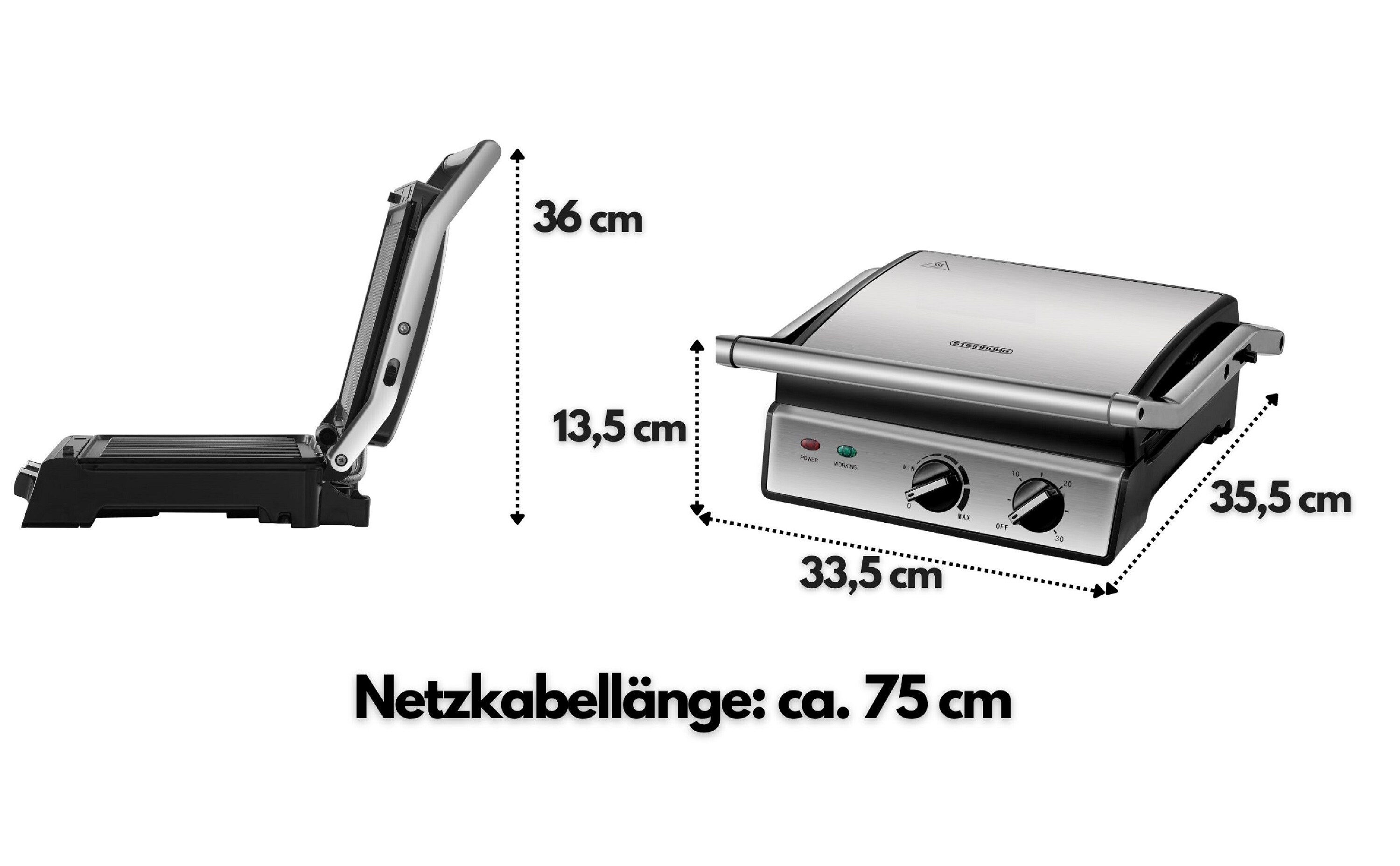 Steinborg 180° Kontaktgrill Timer Thermostat Anti-Rutsch-Füße 2000W