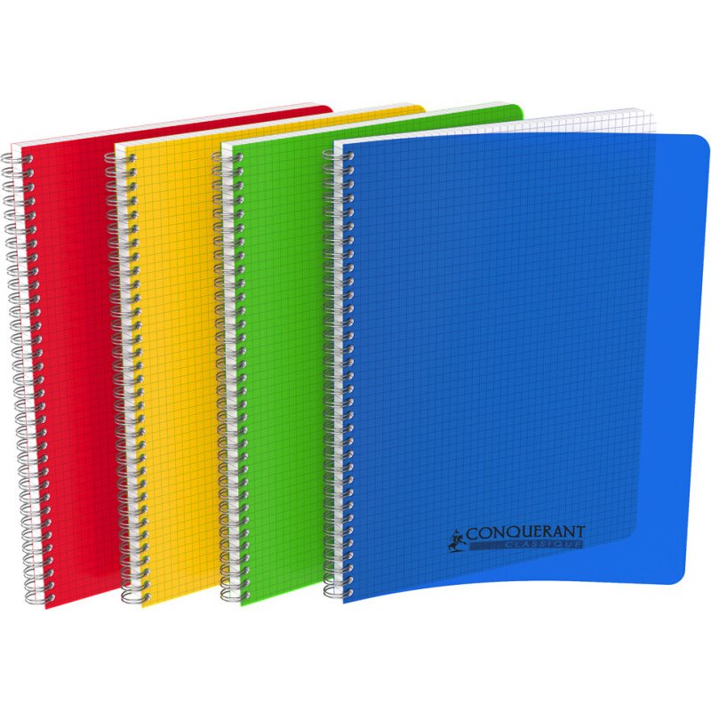 Cahier Conquerant classique A4 petits carreaux 5 mm 100 pages reliure spirale couverture polypro coloris assortis