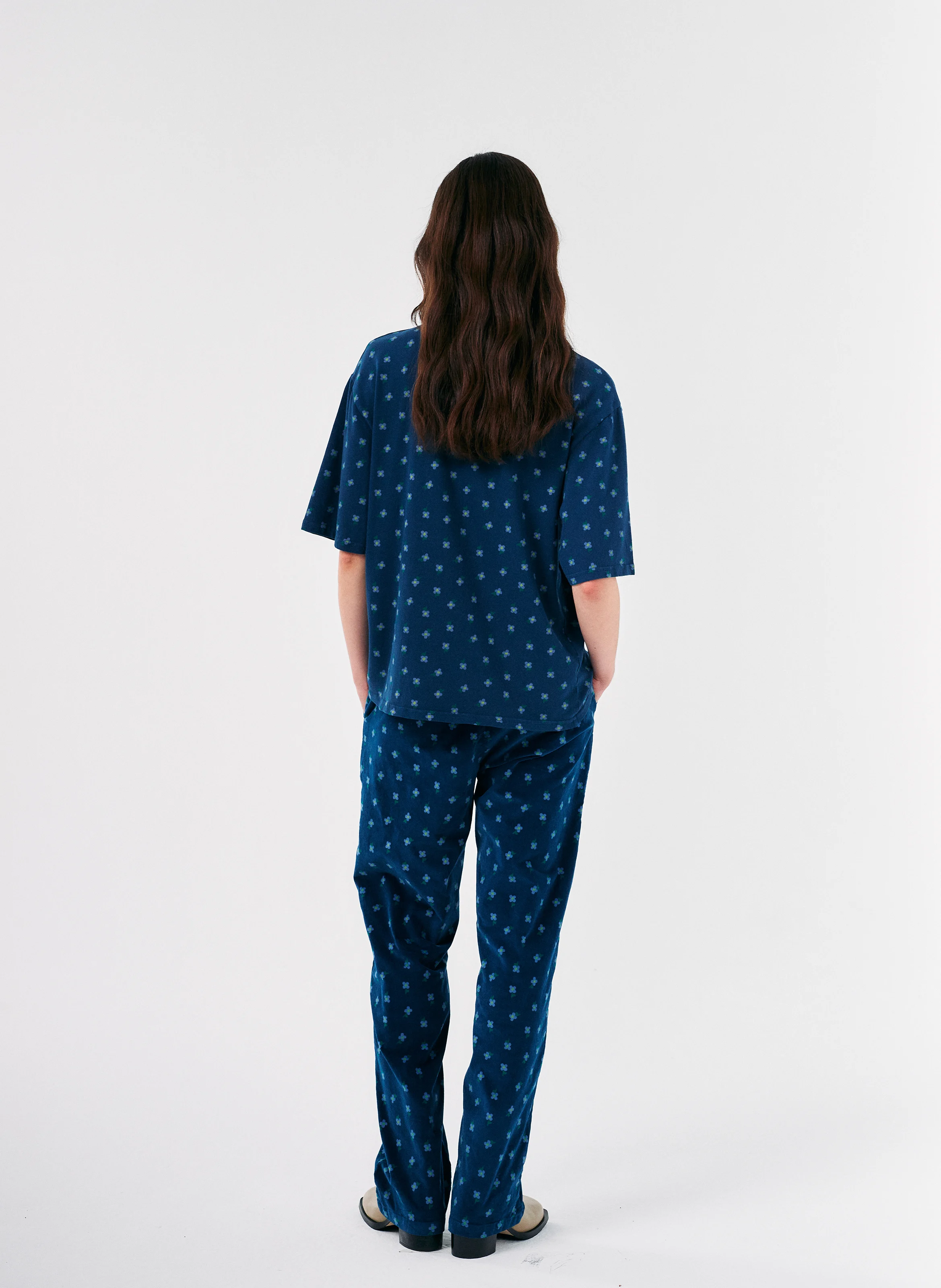 Tee-shirt col rond à imprimé fleuri en coton | Bleu