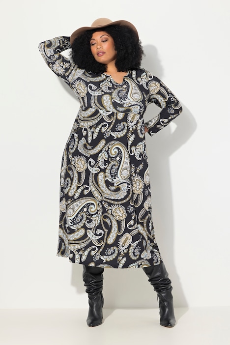 Jerseykleid, A-Linie, Tunika-Ausschnitt, Langarm