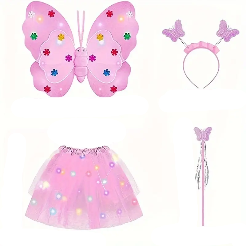(4-tlg. Set) LED Fasnachts Kinder Kostüm Feen Verkleidung für Motto Partys mit Flügel / Zauberstab / Tüllrock (inkl. LR44 Batterien) - Pink