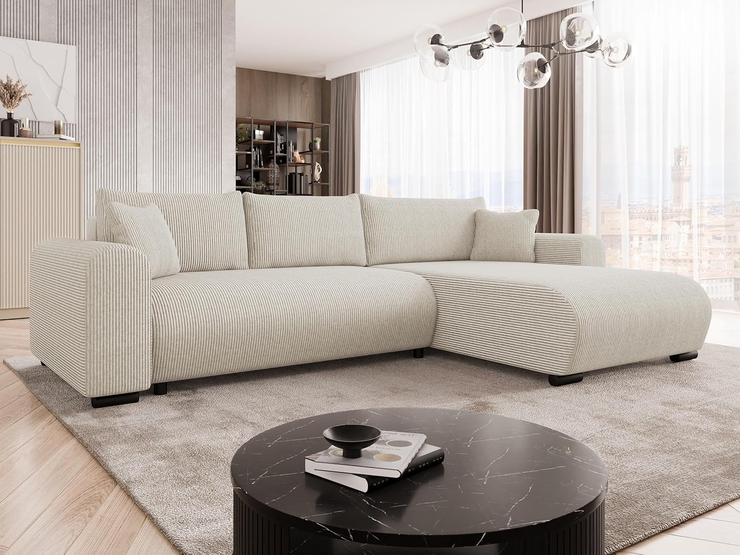 Mirjan24 Ecksofa Merkos Cord, Eckcouch, Couch mit Schlaffunktion und Bettkasten, Wohnlandschaft, Bettfunktion L-Form Sofa, Ottomane universell (Poso 100)