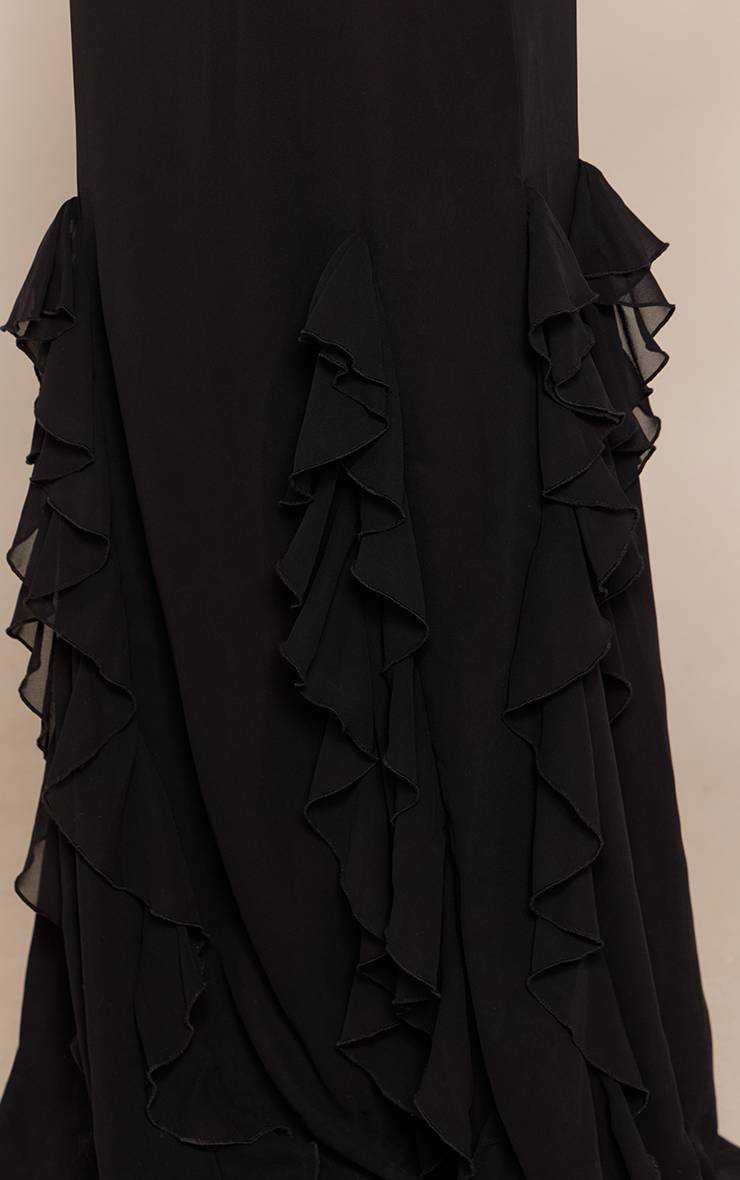 Noir Robe Longue Dos Nu À Volants En Mousseline Avec Col Licou