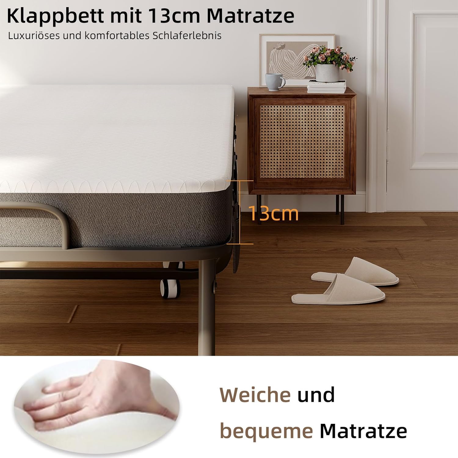CAIYUN Klappbett 80x190cm Erwachsene mit ca.13CM Matratze aus Gedächtnisschaum Gästebett Klappbar Metallrahmen Klappbetten mit Rollen Reisebett Faltbares Metallbett Stabil bis 200 kg belastbar