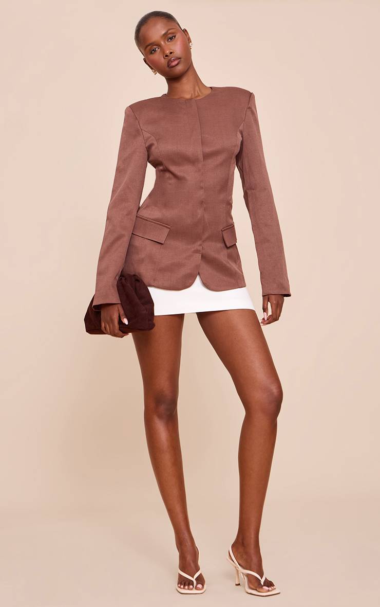 Marron Blazer Boxy Sans Col À Taille Cintrée