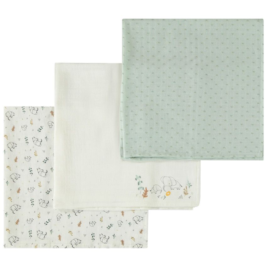 Lot de 3 langes en tetra motifs éléphants pour bébé garçon - Ecru