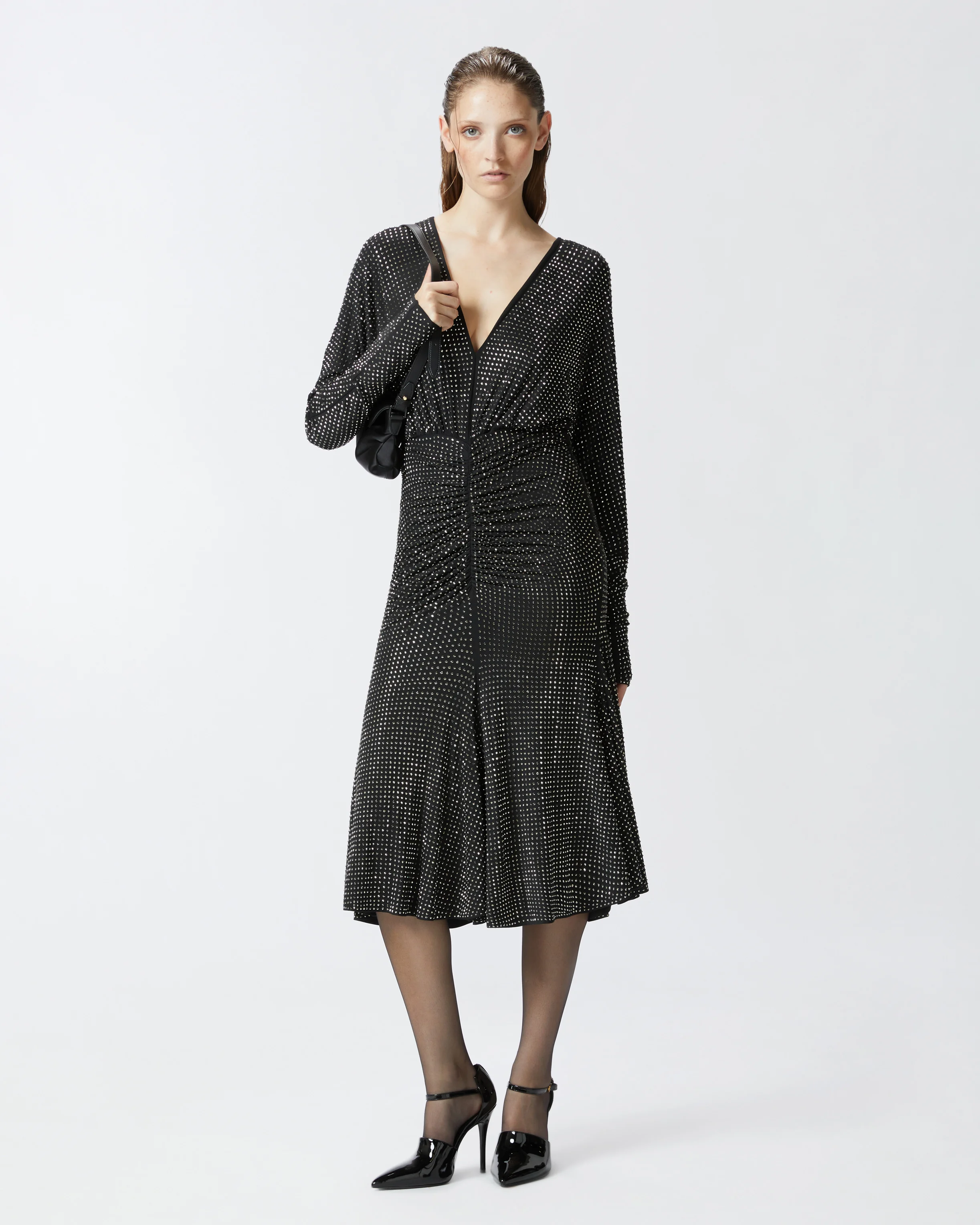 Robe midi intégralement ornée de strass | Noir