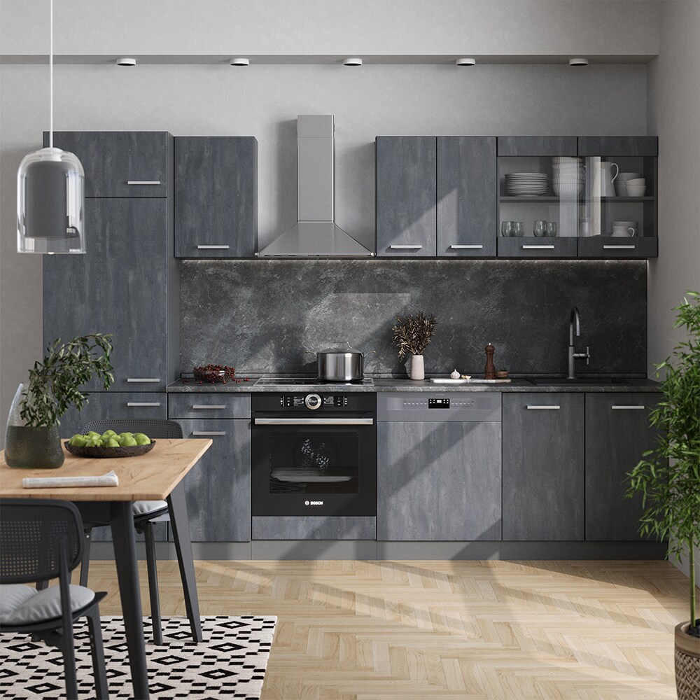 Vicco Küchenzeile R-Line 300 cm Schwarz Beton Anthrazit mit Arbeitsplatte Eiche
