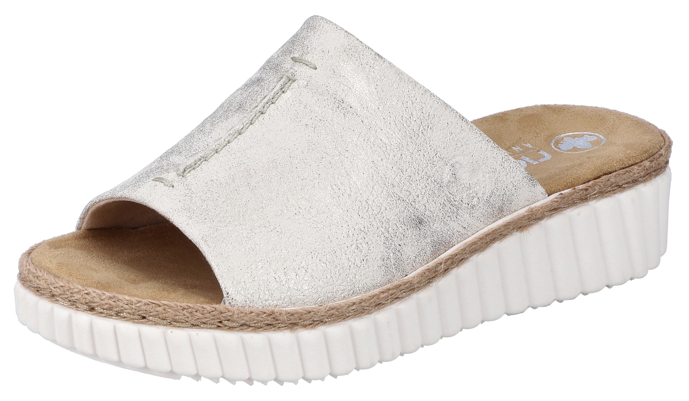 Rieker Pantolette  , Keilabsatz, Sommerschuh, Schlappen mit Juterahmen an der Laufsohle