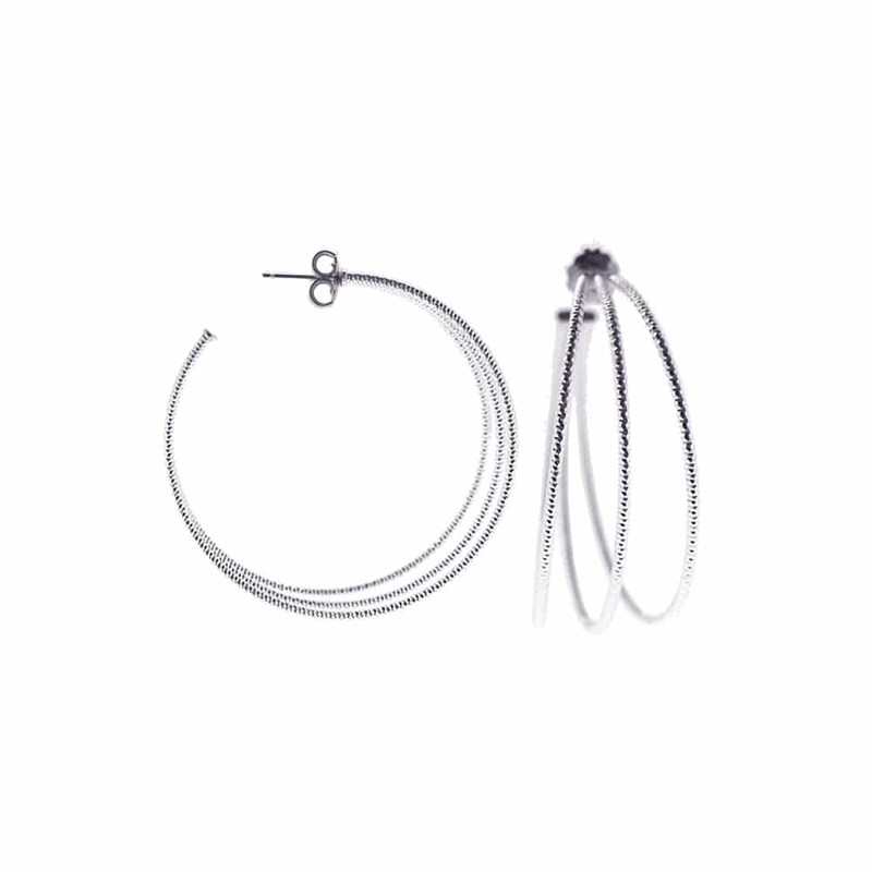 Boucles D'oreilles Créoles Trois Anneaux Petit Modele Argent Rhodié Diamanté Helena Diametre 20mm