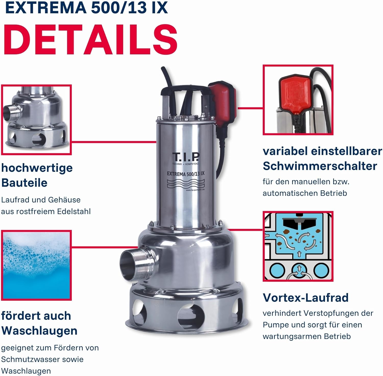 T.I.P. Schmutzwasser Tauchpumpe - Baupumpe Edelstahl (30.000 l/h Fördermenge, 13m Förderhöhe, 1,3bar Druck, 1.800W, 45mm Korngröße, Waschlauge, heißes Wasser bis 95°C) Extrema 500/13 IX, 30171
