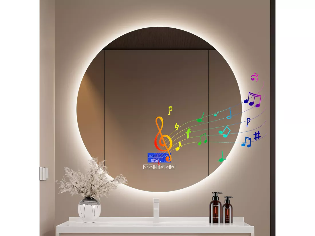 Miroir de salle de bain rond lumineux 100 cm,avec haut-parleur Bluetooth, avec affichage de la température et fonction désembueur, avec éclairage LED, réglage à six boutons, avec interrupteur tactile