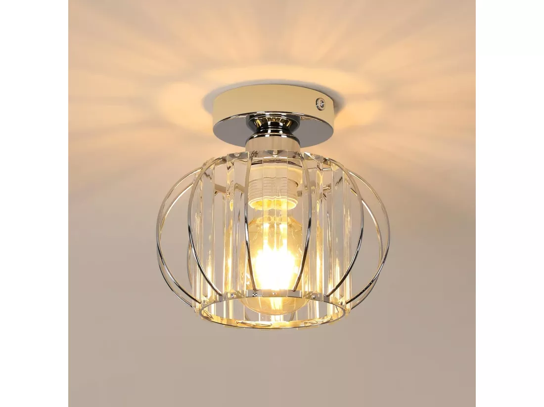 Mini Plafonnier Cristal Moderne E27 - Luminaire pour Couloir, Chambre, Cuisine, Porche - 19x18cm Chromé