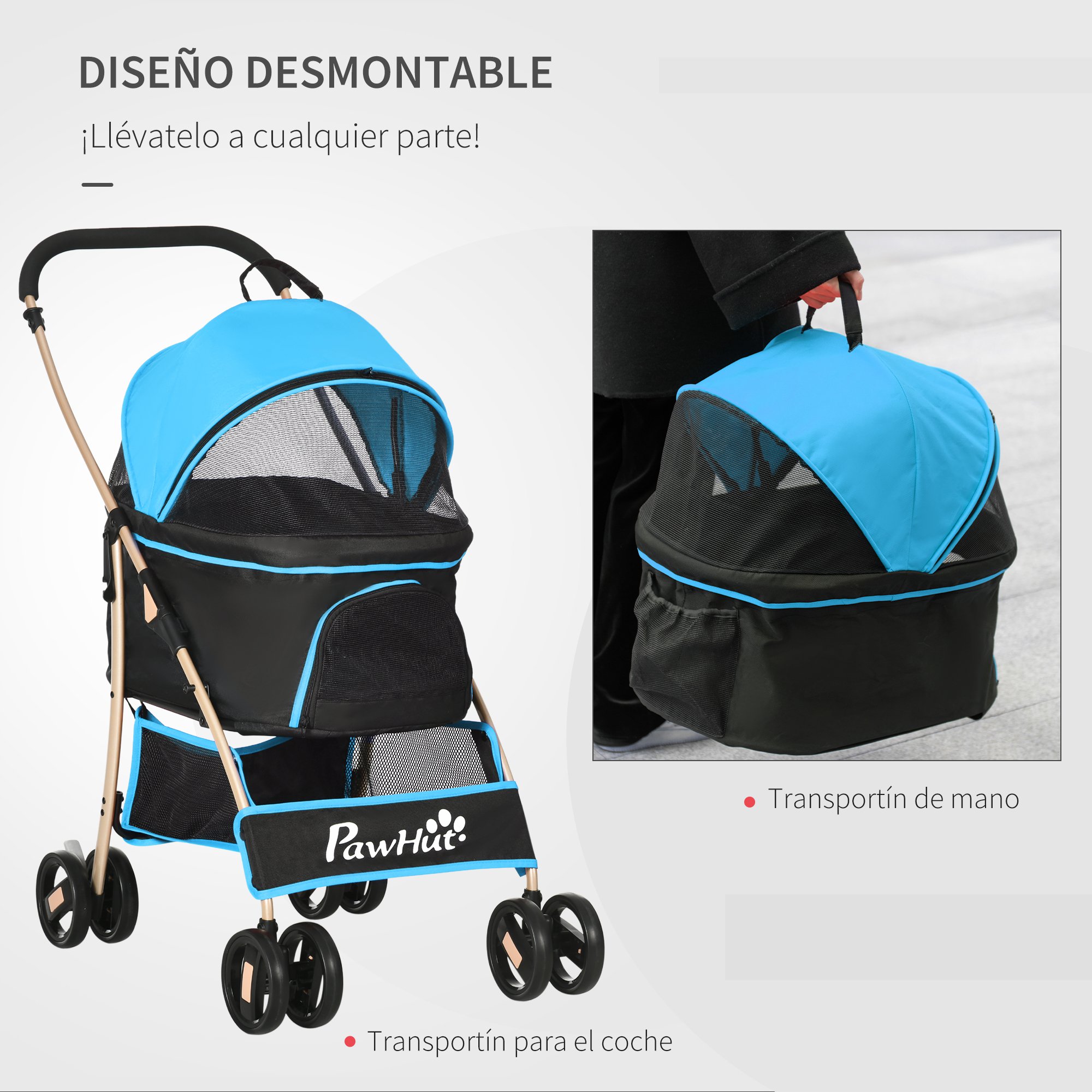 Carrinho para animais de estimação PawHut 3 em 1 para cães e gatos, com bolsa de transporte dobrável e removível, cesto de armazenamento e freios. Confeccionado em tecido Oxford 600D, suporta até 15 kg e mede 82 x 49,5 x 98 cm, na cor azul.