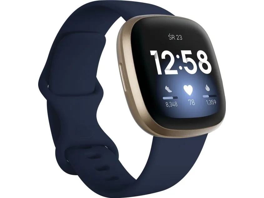 [OUTLET] - Fitbit Versa 3 - Blødt guld-aluminium - smart ur med bånd - silikone - midnat - båndstørrelse: S/L - Wi-Fi, NFC, Bluetooth
