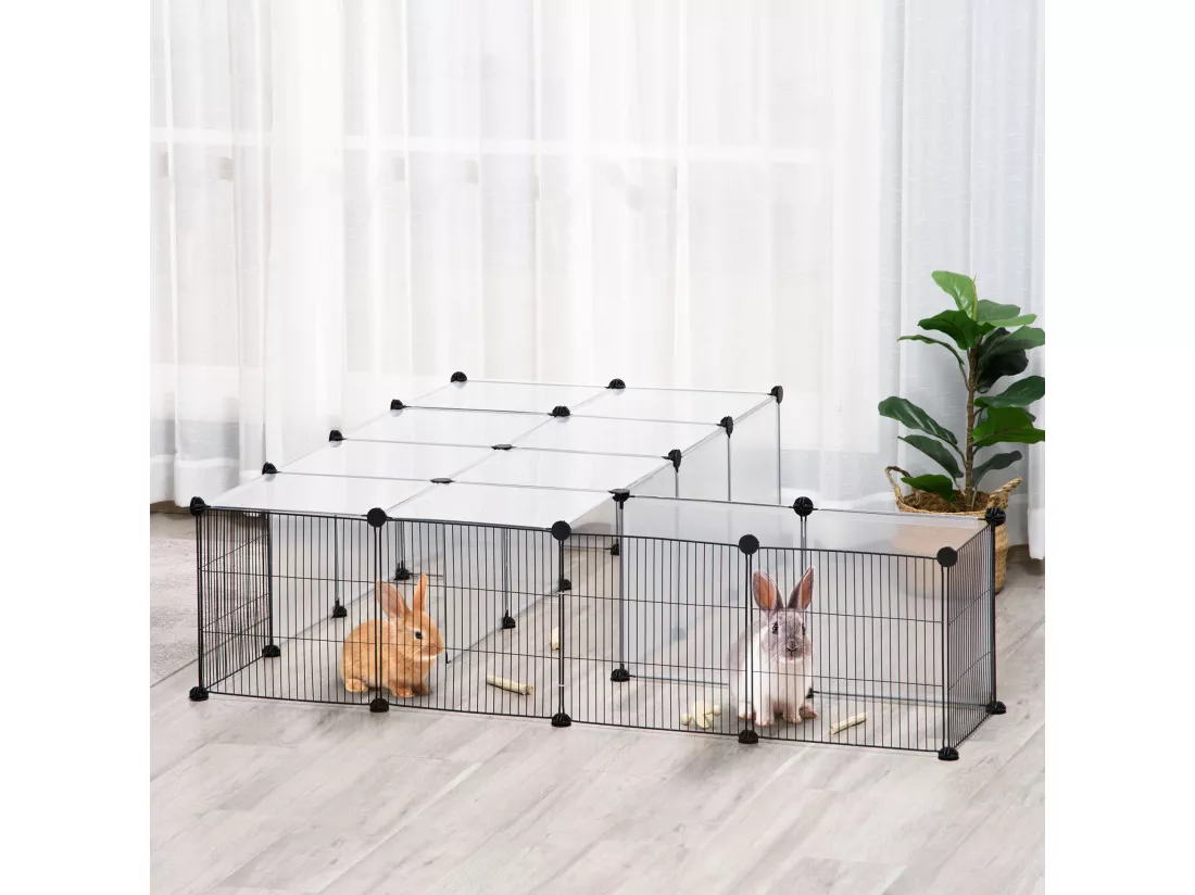 PawHut Cage parc enclos modulable petits animaux de compagnie - dim. standards 140L x 70l x 70H cm - 27 panneaux bords arrondis - résine PP fils d'acier noir