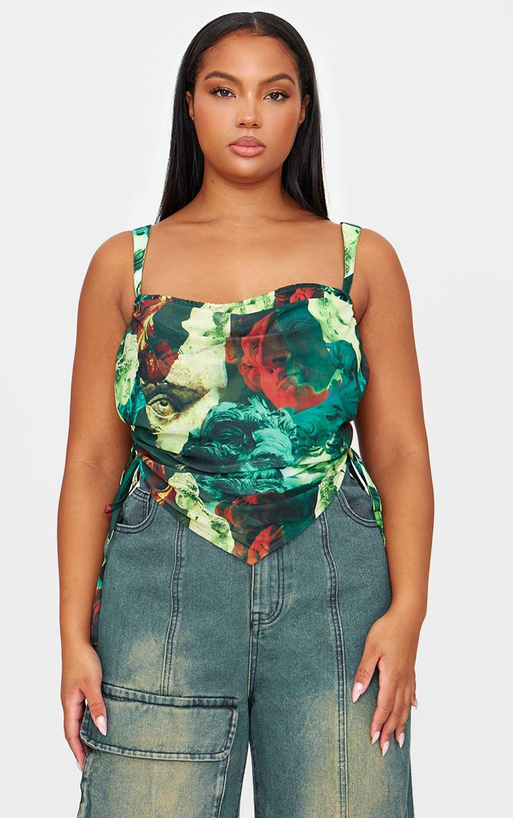Vert Haut Corset Grande Taille En Mesh Superposé À Imprimé Abstrait