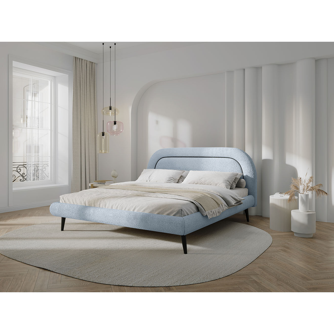 Maison Héritage Cadre avec tête de lit Maia velours bouclé bleu clair - 160x200 cm