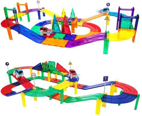 PicassoTiles Magnetische Tegels Racebaan met LED-auto's 50 stuks