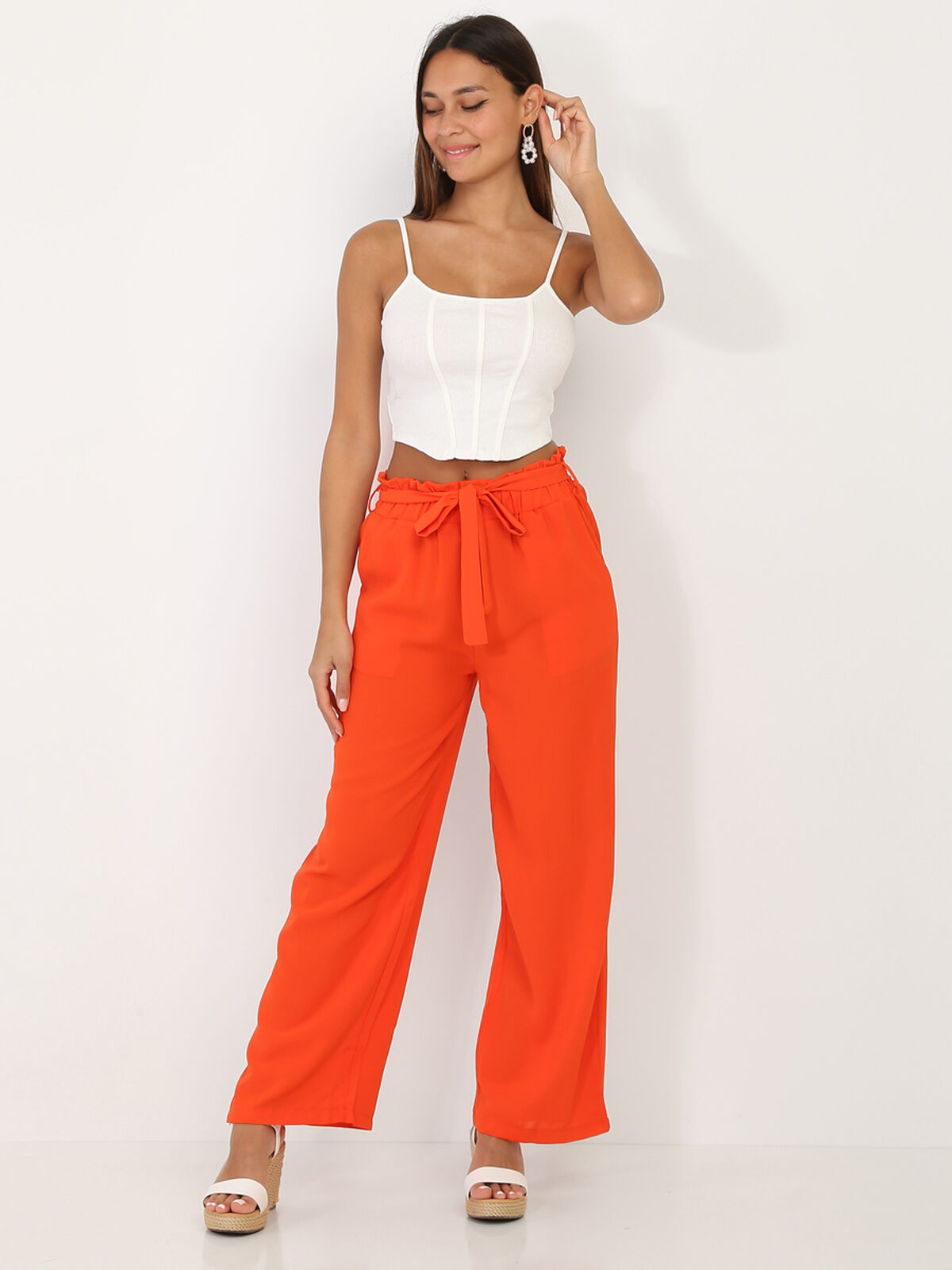 Pantalon palazzo avec ceinture- orange