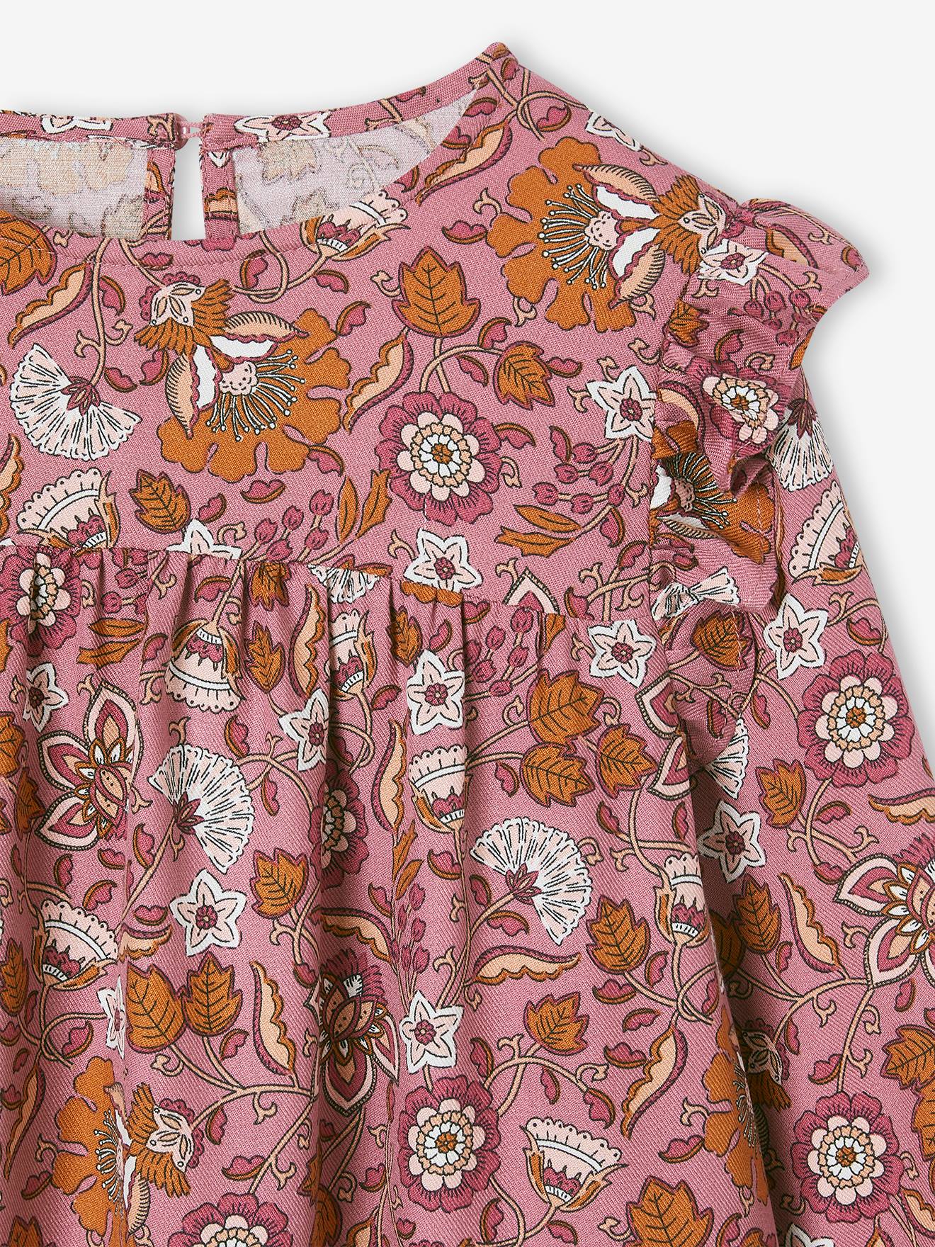 Vestido fluido com babados e motivos florais, para meninas, azul escuro