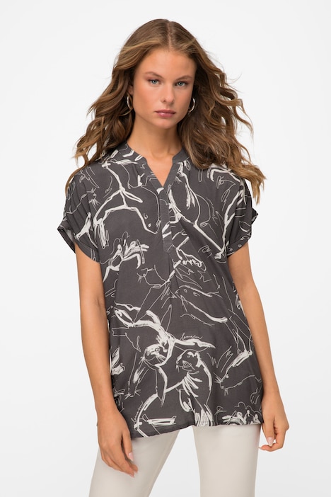 Bluse, oversized, Robben Print, Stehkragen, Halbarm