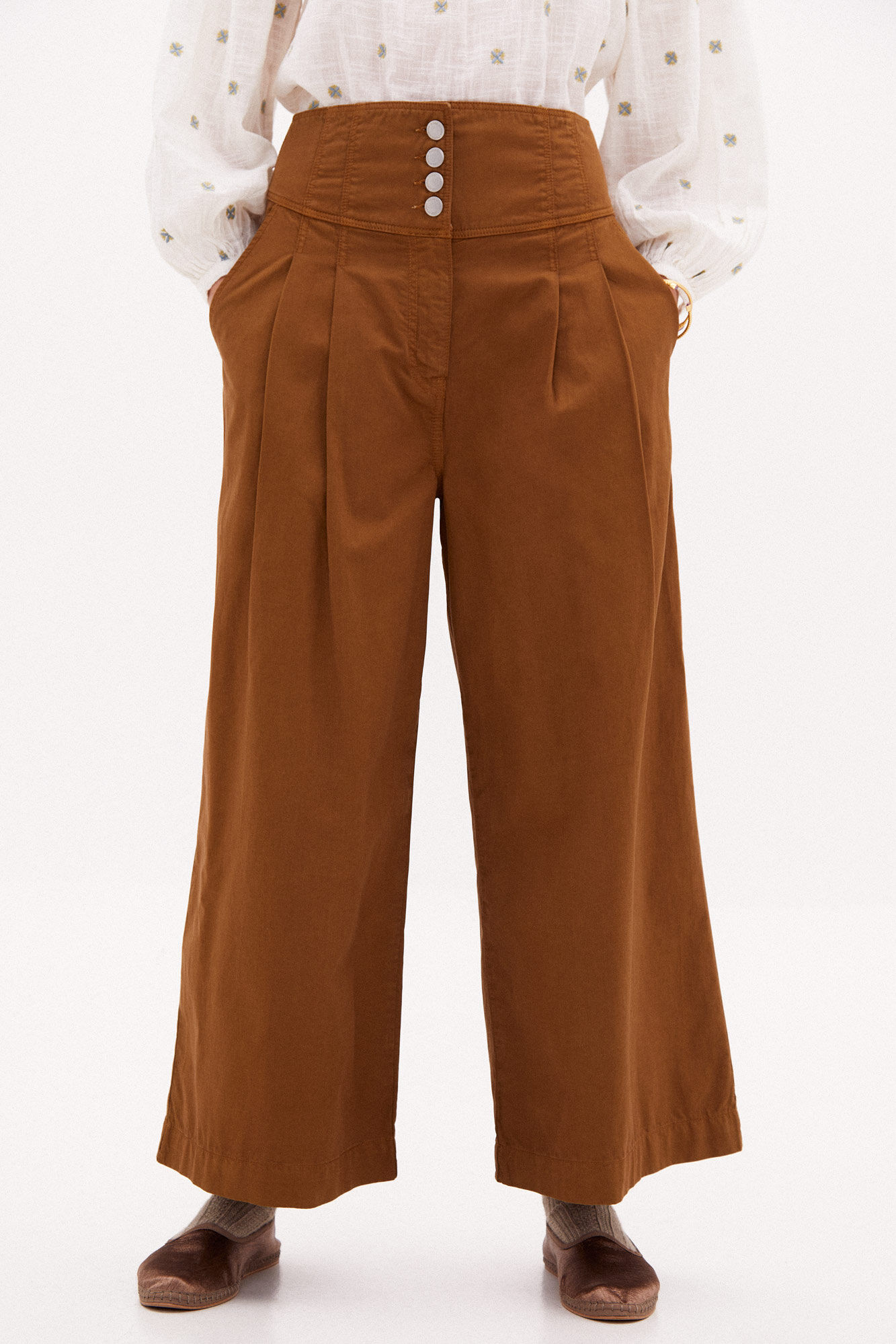 Calça jeans Jane de perna larga com costura - Marrom