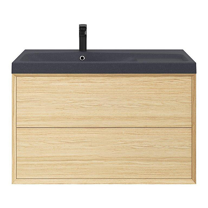 Meuble sous vasque à suspendre GoodHome Avela placage chêne 100 cm + Plan vasque en résine noir Mila