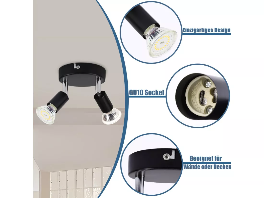 NETTLIFE Spot de plafond LED noir 2 ampoules orientable 350° GU10 industriel