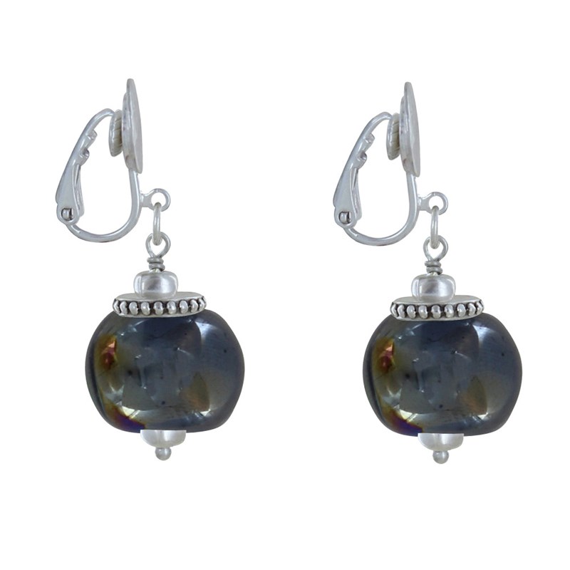 Boucles d'Oreilles Clip Métal Argenté et Grosses Perles en Céramique