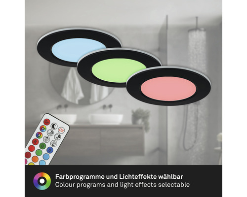 LED inbouwspots set IP65 dimbaar 4,8W 450 lm 3000-6500 K CCT RGB zwart Ø 9,2/6,8 cm 230V 3 stuks met afstandsbediening, geheugenfunctie, nachtlampfunctie, timerfunctie