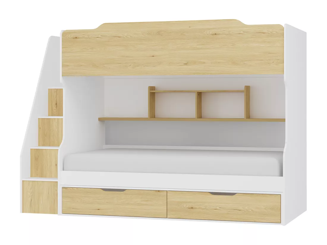 Lit superposé 90 x 190 cm - Avec rangements - Blanc et naturel + Matelas - YALOVA