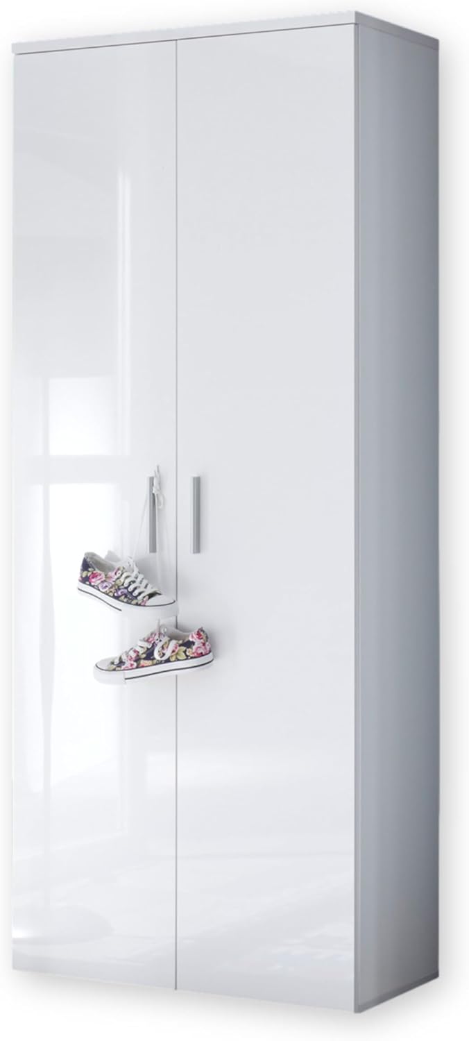 LINCOLN Schuhschrank hoch, Weiß Hochglanz - Vielseitiger Mehrzweckschrank mit 11 verstellbaren Einlegeböden - 80 x 190 x 35 cm (B/H/T)