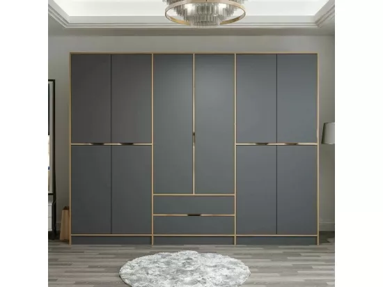 Grande Garde-robe Draic, Meubles de chambre, Penderie de plain-pied, Placard à vêtements, 277x52 h208 cm, Noir et Or