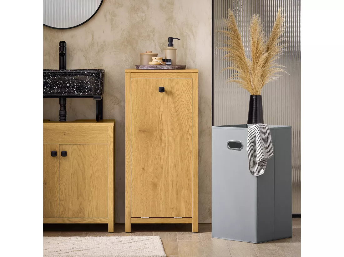 SoBuy Armoire à Linge avec Sac à Linge, Meuble Bas de Salle de Bain, Commode pour Salle de Bain, Coffre à Linge, Porte Vêtement avec 1 Panier à Linge, Naturel Foncé, 40x35x90 cm, BZR96-SN
