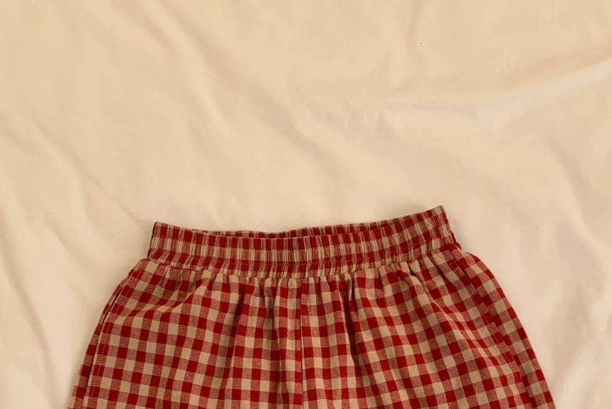 GOUB - Elastische taille geruite pyjamabroek / korte broek