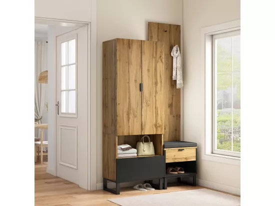 Ensemble vestiaire avec banc à chaussures et coussins, accessoires suspendus à l'avant, tiroirs et étagères réglables