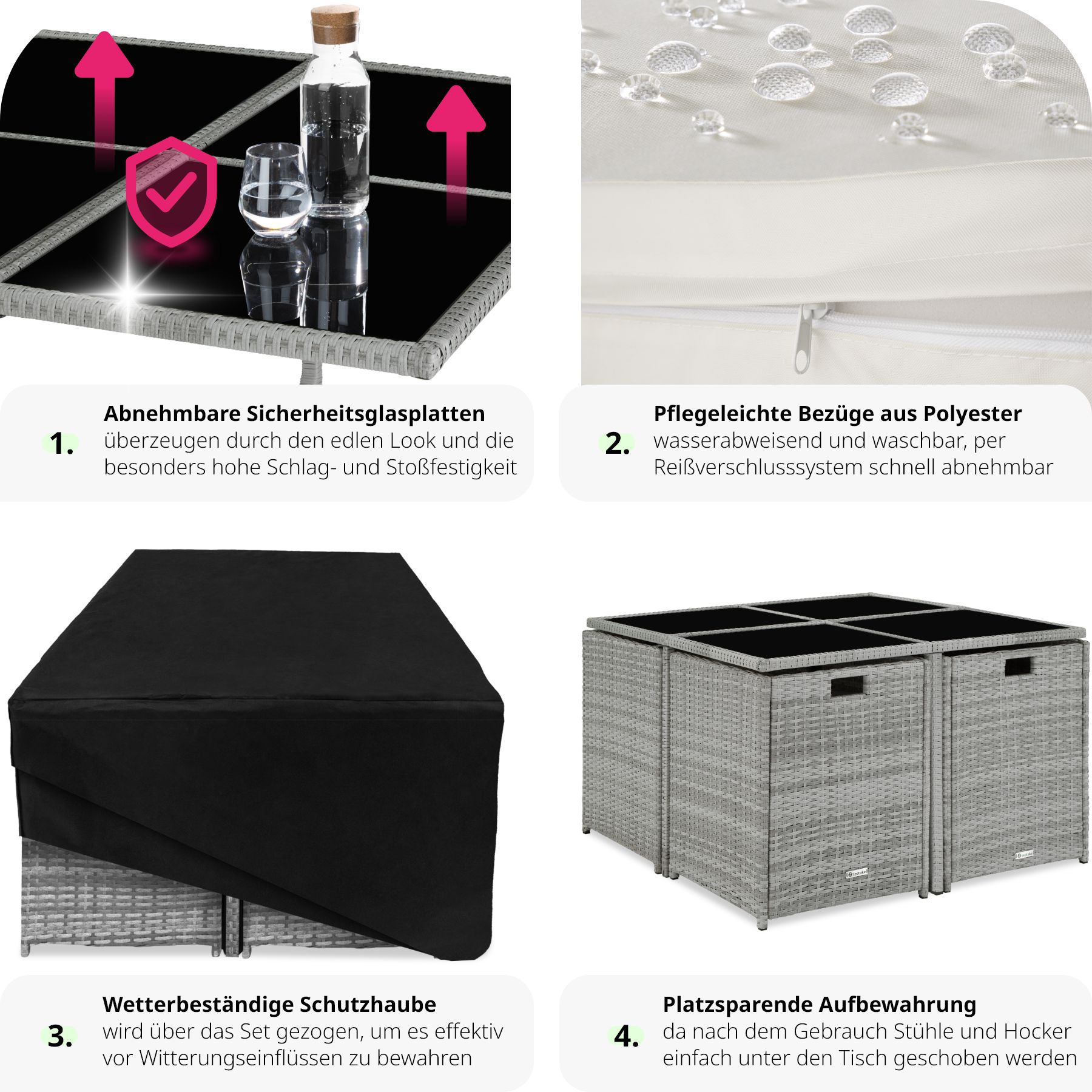 tectake® Rattan Sitzgruppe, für 4 bis 8 Personen, UV-beständig, zusammenschiebbar, inklusive Schutzhülle