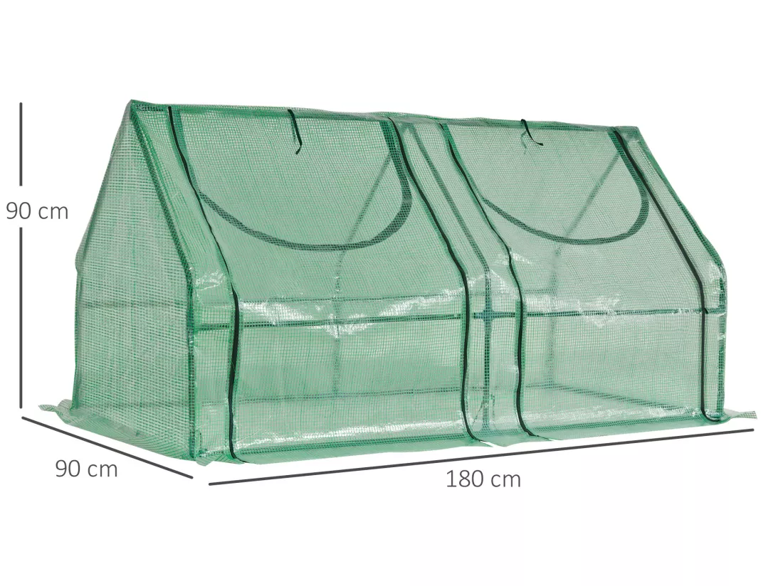 Mini serre de jardin serre à tomates double bâche 180L x 90l x 90H cm acier PE PVC 2 fenêtres avec zip enroulables vert