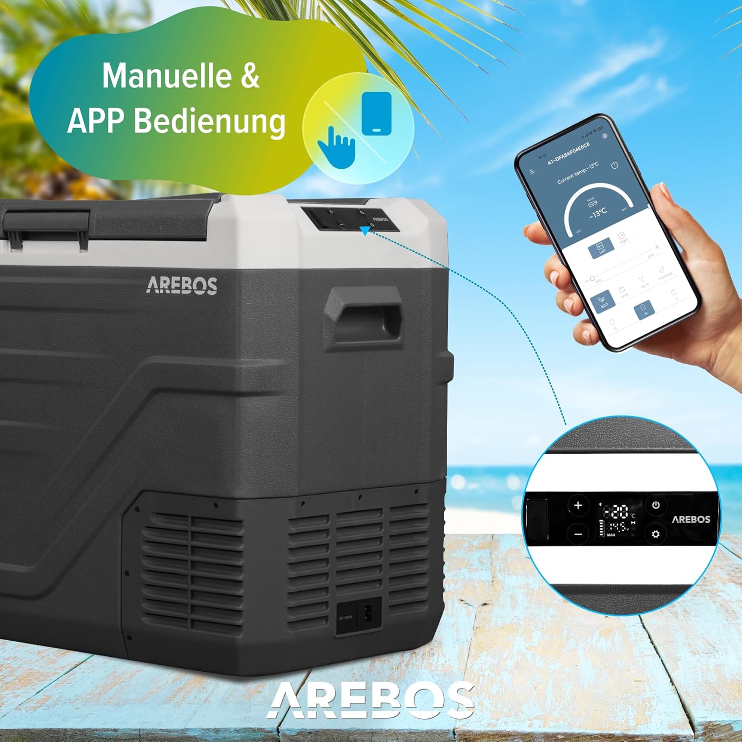 Arebos Kompressor Kühlbox 43 Liter | Elektrische Gefrierbox mit APP & Smart-Steuerung | Mobile Kühltruhe mit USB-Anschluss | bis -20 °C | 12/24 V 230V | für Auto,LKW,Camping,Boot,Wohnmobil