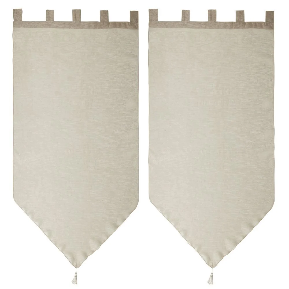 Vitrage à pattes voile uni taupe finition pointe pompon 60x120 cm x2