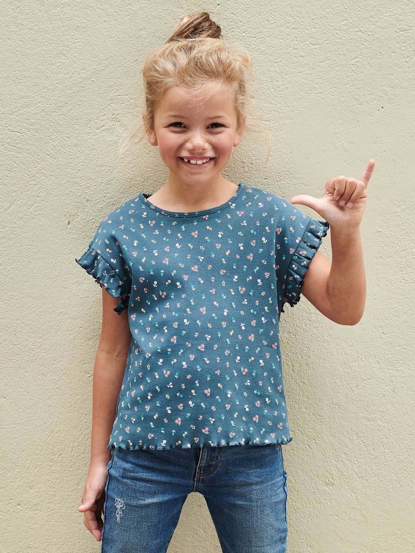 Camiseta canelada com estampa floral para meninas, cor cru