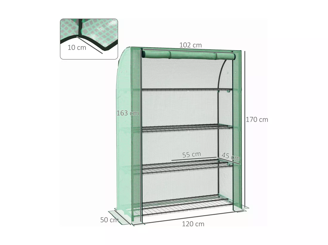Mini serre de jardin serre de balcon serre à 4 étages avec châssis en acier & bâche en PE renforcée, intérieur et extérieur portable porte enroulable, 120 x 50 x 170 cm, vert