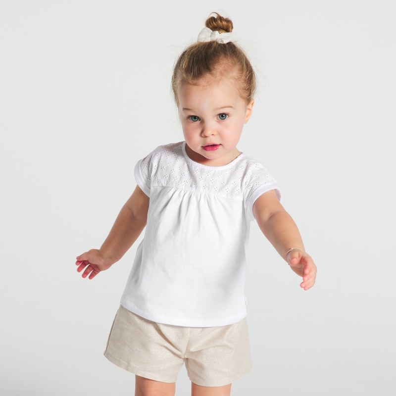T-shirt bi-matière broderie anglaise blanc bébé fille