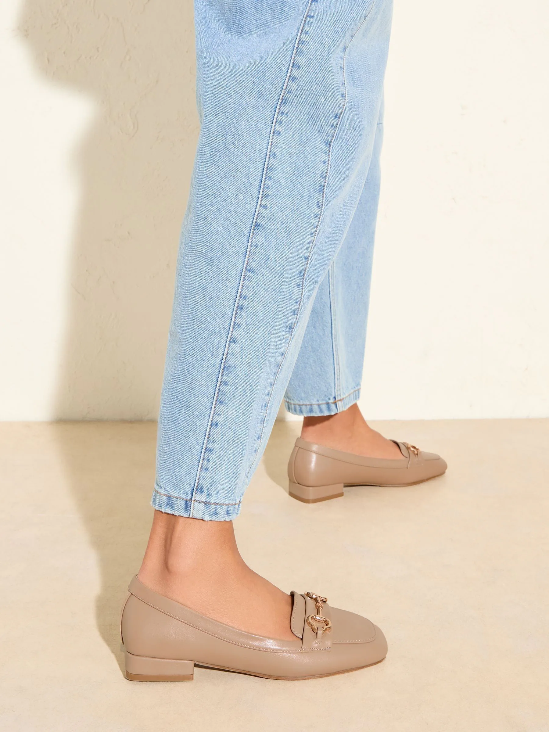 Taupe - Friends Like These Snaffle Square Toe Low Block Heel Comfort Faux Leather Loafer Shoes