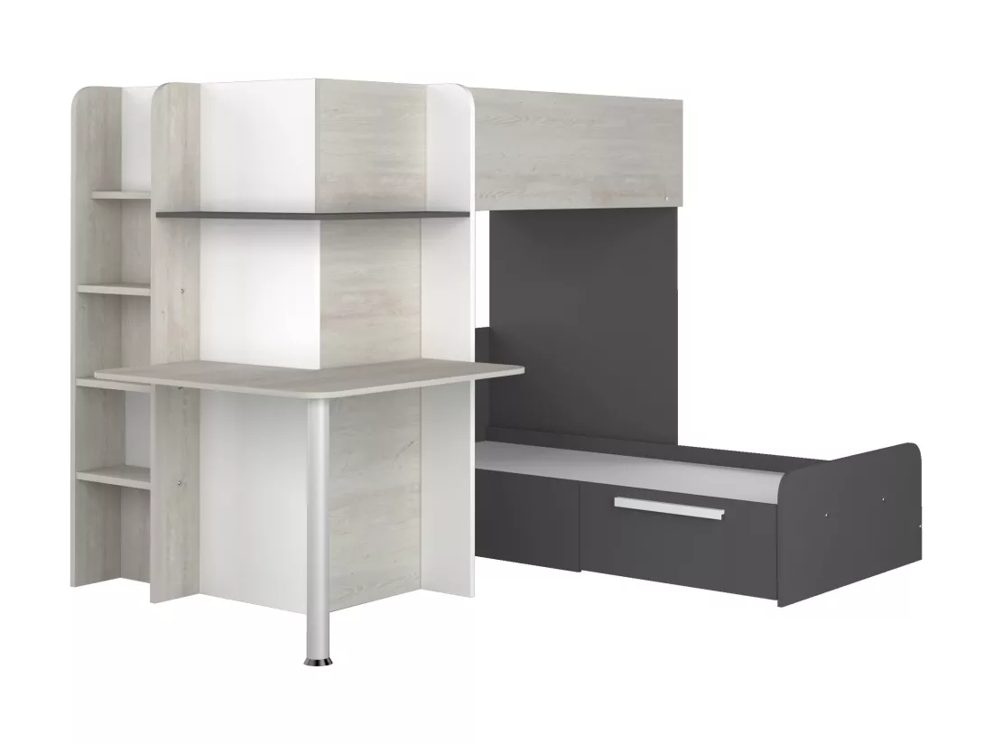 Lits superposés d'angle 2 x 90 x 190 cm - Avec bureau - Gris, blanc et noir + Matelas - SAMUEL