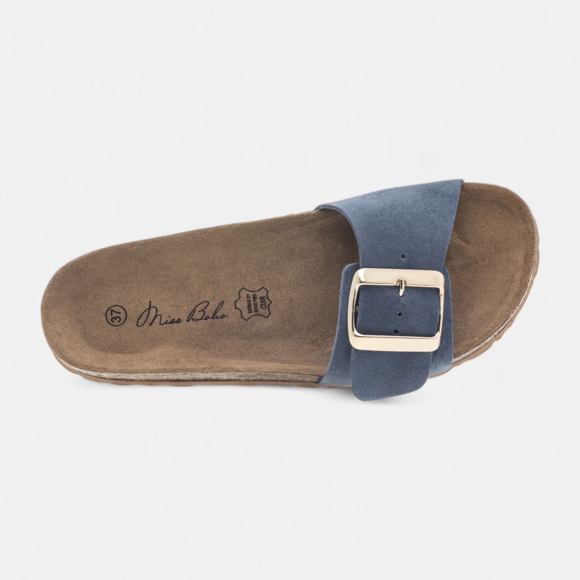 Mules semelle liège Femme en cuir bleu marine
